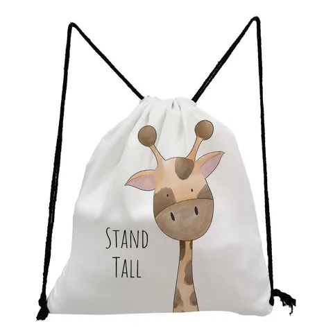 Cute Cartoon Animal Drawstring Backpack For Women Kids White Polyester Casual String Bag Travel Storage Sack For School Gift