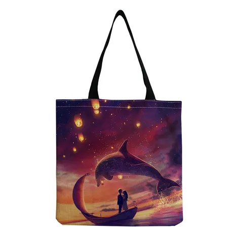 Linen Sea Turtle Whale Mermaid Dolphin Print Tote Bag Artistic Floral Marine Animal Pattern Shoulder Bag Women Casual Daily Handbag