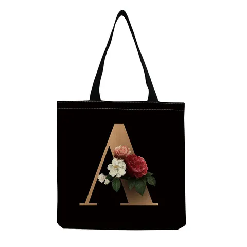 Vintage Floral Golden Letter Print Linen Tote Bag Women Black Canvas Shopping Handbag Personalized Alphabet Shoulder Bag