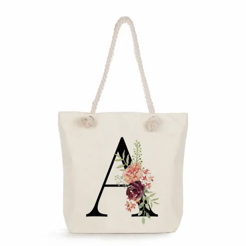 Große Kapazität Leinen Tote Bag Mit Seilgriff Blumen Buchstaben Druck Strand Schultertasche Für Damen Studenten Buch Tasche
