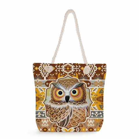 Bolso Tote de Lino para Mujer Asa de Cuerda Gruesa Gran Capacidad Bolso de Playa Estampado Búho Étnico Bolso de Hombro Casual