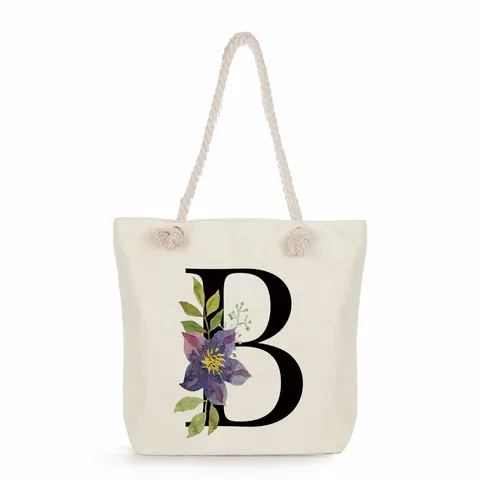 Große Kapazität Leinen Tote Bag Mit Seilgriff Blumen Buchstaben Druck Strand Schultertasche Für Damen Studenten Buch Tasche