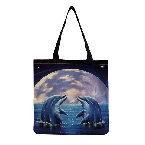 Linen Sea Turtle Whale Mermaid Dolphin Print Tote Bag Artistic Floral Marine Animal Pattern Shoulder Bag Women Casual Daily Handbag