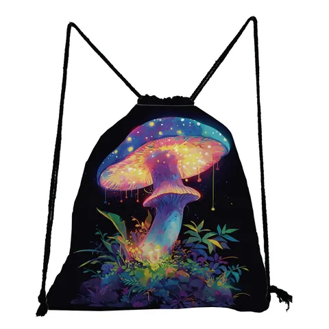 Fantasy Nature Mushroom Printed Drawstring Bag Lightweight Foldable Polyester Backpack Casual School Sport Sackpack For Unisex