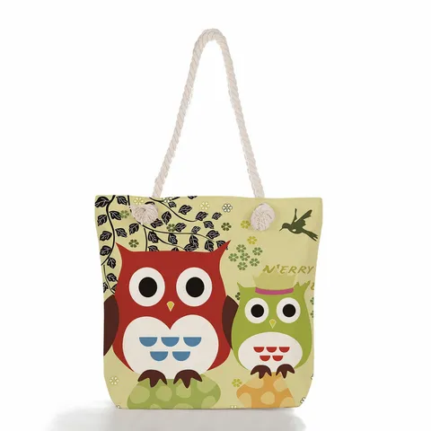 Bolso Tote de Lino para Mujer Asa de Cuerda Gruesa Gran Capacidad Bolso de Playa Estampado Búho Étnico Bolso de Hombro Casual