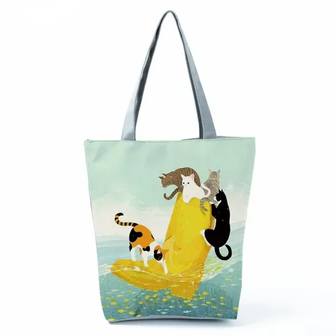 Cute Cartoon Cat Printed Polyester Tote Bag Large Capacity Zipper Shoulder Bag For Women Casual Daily Travel Student Book Handbag