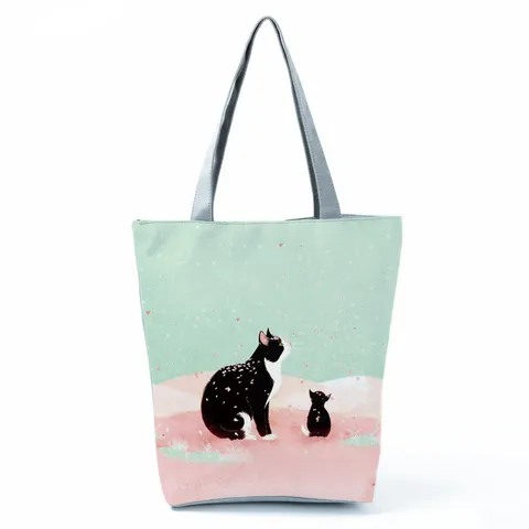 Cute Cartoon Cat Printed Polyester Tote Bag Large Capacity Zipper Shoulder Bag For Women Casual Daily Travel Student Book Handbag