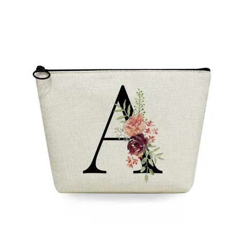 Bolsa de Aseo de Lino Europeo Minimalista Estampado de Letras Flores Bolsa de Maquillaje Cierre de Cremallera Estuche de Cosméticos Organizador Viaje
