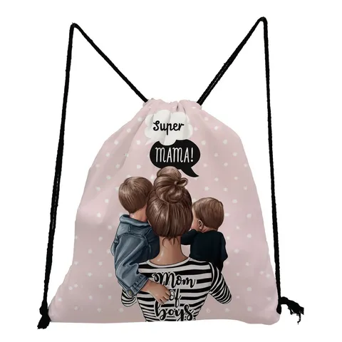 Multi-functional Portable Drawstring Bag Polyester Mother Daughter Print Travel Storage Backpack For Kids Girls Women Casual Drawstring Sackpack
