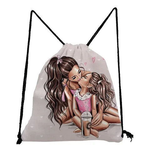 Multi-functional Portable Drawstring Bag Polyester Mother Daughter Print Travel Storage Backpack For Kids Girls Women Casual Drawstring Sackpack