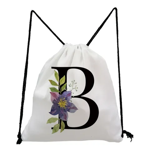 Minimalist Polyester Drawstring Backpack for Students Casual Unisex White Letter Floral Printed School Sackpack Outdoor Travel Bag