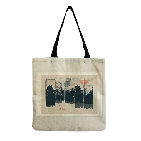 Linen Tote Bag For Women Reusable Beach Bag Landscape Letter Print Large Capacity Multi Functional Shoulder Bag Casual Handbag
