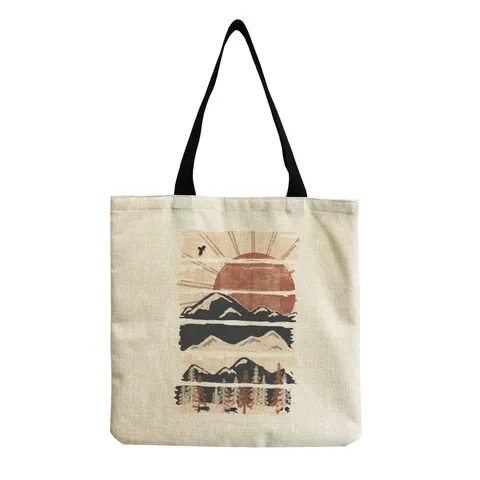 Linen Tote Bag For Women Reusable Beach Bag Landscape Letter Print Large Capacity Multi Functional Shoulder Bag Casual Handbag