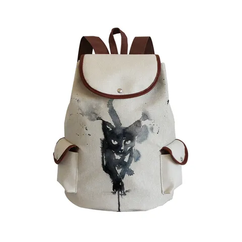 Damen Mode Schwarz Katze Druck Leinwand Rucksack Lässige Reise Schultasche Mit Großer Kapazität Und Klappdeckel