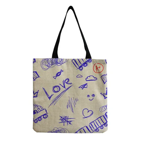 Casual Cotton Linen Tote Bag Cartoon Graphic Letter Printed Eco Shopping Bag Reusable Shoulder Bag Unisex Big Capacity Canvas Grocery Handbag