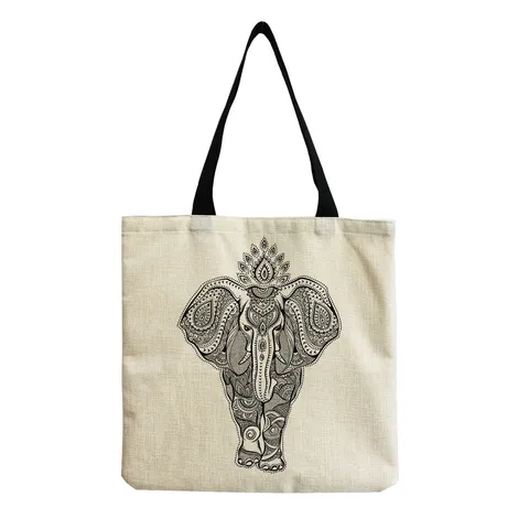 Women's Bohemian Linen Tote Bag Vintage Mandala Elephant Tai Chi Print Large Capacity Casual Shopping Shoulder Bag Eco-friendly Handbag