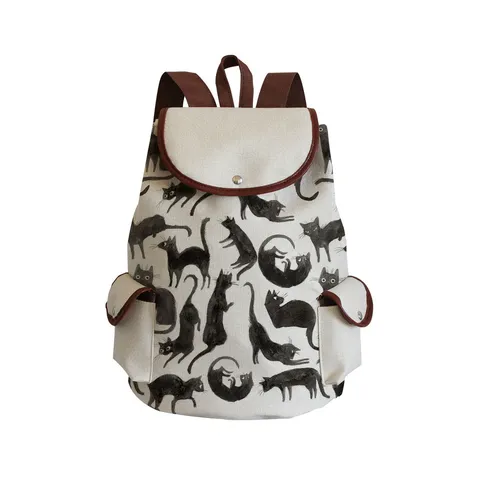 Damen Mode Schwarz Katze Druck Leinwand Rucksack Lässige Reise Schultasche Mit Großer Kapazität Und Klappdeckel