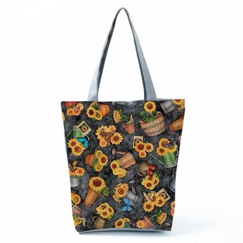 Damen Vintage Sonnenblumen Druck Tragetasche Polyester Schultertasche Große Kapazität Wiederverwendbare Einkaufstasche Studenten Handtasche