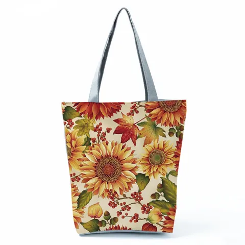 Damen Vintage Sonnenblumen Druck Tragetasche Polyester Schultertasche Große Kapazität Wiederverwendbare Einkaufstasche Studenten Handtasche