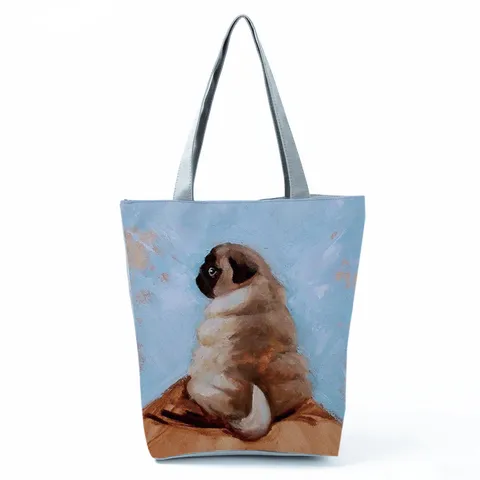 Women Casual Polyester Tote Bag Cute Pug Dog Painted Printed Shoulder Handbag Large Capacity Travel Beach Shopping Bag Everyday