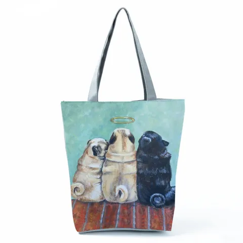 Women Casual Polyester Tote Bag Cute Pug Dog Painted Printed Shoulder Handbag Large Capacity Travel Beach Shopping Bag Everyday