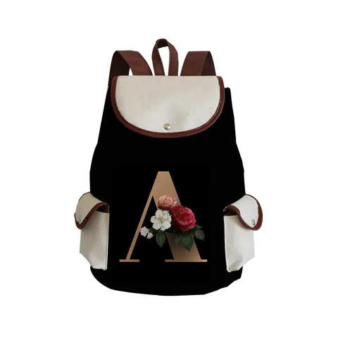 Fashion Letter Print Canvas Backpack Lightweight Travel School Bag Casual Color Blocking Drawstring Flap Backpack For Women Men