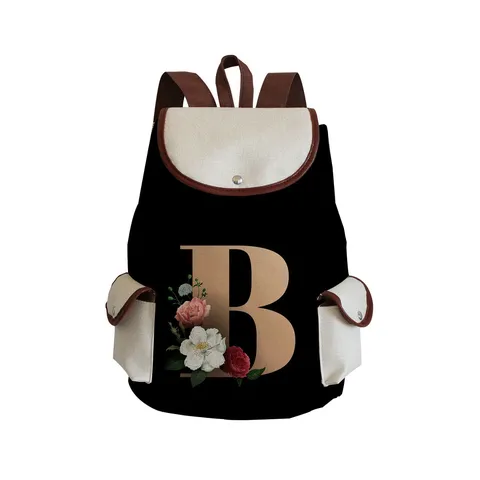 Fashion Letter Print Canvas Backpack Lightweight Travel School Bag Casual Color Blocking Drawstring Flap Backpack For Women Men