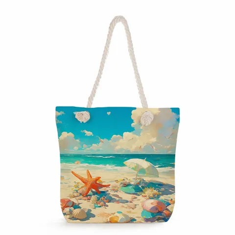 Borsa Tote da Donna in Lino Casual con Stampa Spiaggia Borsa a Spalla Grande Capacità con Manico in Corda per Vacanze