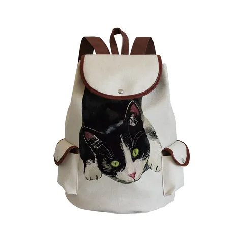 Cute Cartoon Cat Animal Printed Canvas Backpack Creative School Bag For Teens Girls Travel Casual Flap Drawstring Bookbag