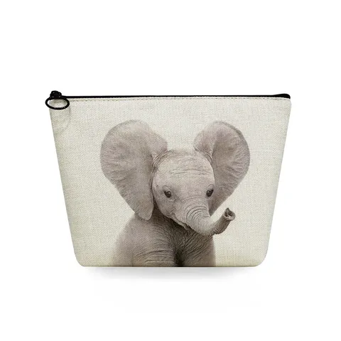 Trousse de Toilette Portable en Lin Imprimé Animal Petit Sac à Maquillage de Voyage Organisateur de Rangement avec Fermeture Éclair