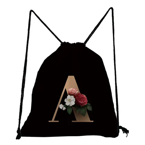 Lässiger Schwarzer Kordelzug-Rucksack Mit Alphabet-Blumenmuster Leichter Polyester-Sack Für Studenten Damen Reisen Schule
