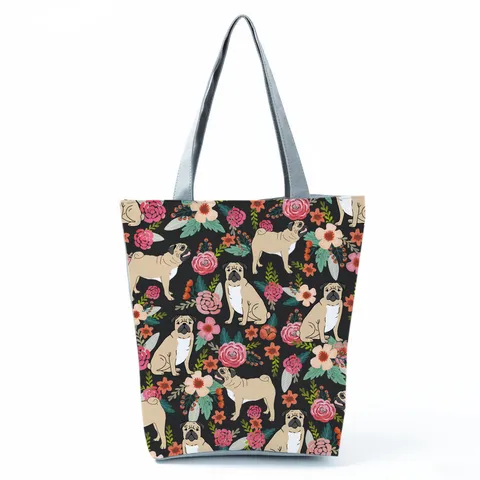 Sac Cabas Épaule en Polyester Imprimé Rétro pour Femmes Motif Floral Chat Chien Dessin Animé Grand Sac à Main Décontracté Plage Course Voyage