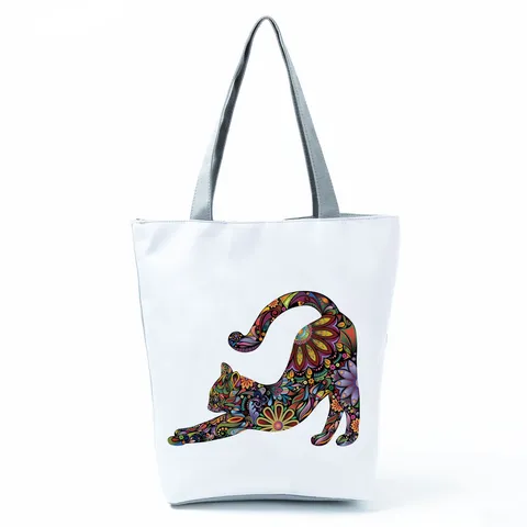 Sac Cabas Épaule en Polyester Imprimé Rétro pour Femmes Motif Floral Chat Chien Dessin Animé Grand Sac à Main Décontracté Plage Course Voyage