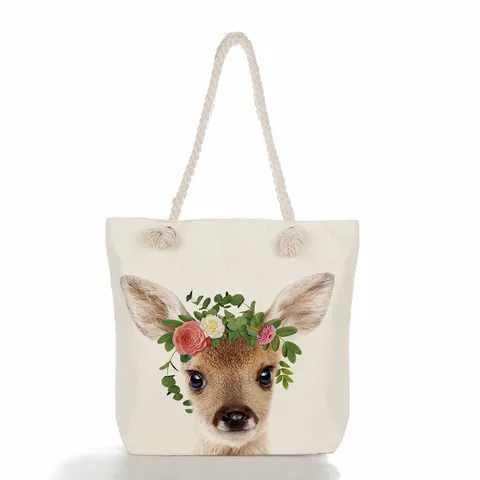 Γυναικεία Τσάντα Tote με Animal Portrait Print Casual Πολυεστερική Τσάντα Ώμου με Λαβή από Σχοινί Φερμουάρ Μεγάλη Χωρητικότητα