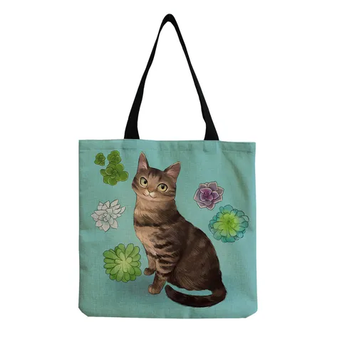 Cartoon Cat Printed Linen Tote Bag For Women Fashion Casual Large Capacity Reusable Shopping Bag Eco-Friendly Fabric Handbag