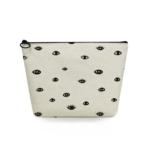 Trousse À Maquillage Portable En Lin Pochette De Voyage Avec Fermeture Éclair Motif Yeux Imprimé Femme