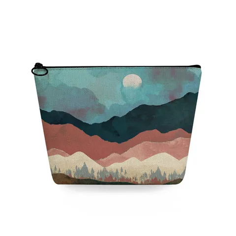 Borsa da Trucco in Lino con Stampa Paesaggio Artistico Montagna Tramonto Beauty Case da Viaggio con Cerniera Organizzatore Donna