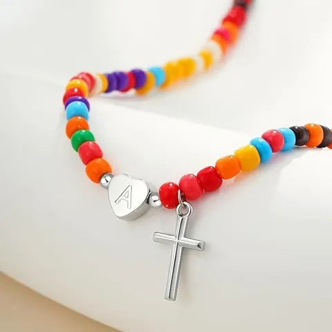 Collana a Croce in Rame Con Perline Alla Moda Per Donna Collane Con Ciondolo a Forma di Cuore Con Lettere Bohemien Gioielli
