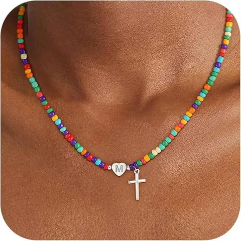 Collana a Croce in Rame Con Perline Alla Moda Per Donna Collane Con Ciondolo a Forma di Cuore Con Lettere Bohemien Gioielli