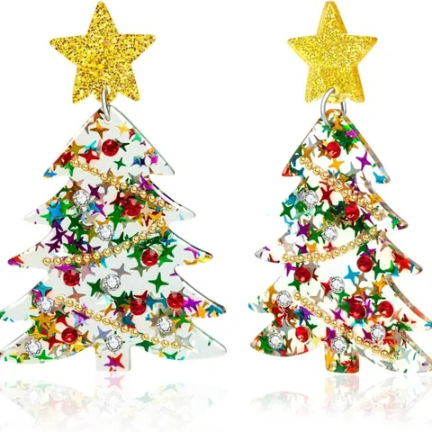 Pendientes de Árbol de Navidad Acrílico Brillantina Estrella Dorada Strass Poste de Acero Inoxidable Joyería Festiva para Mujer