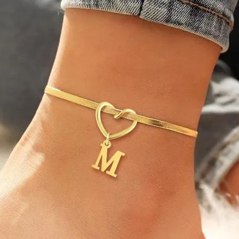 Stainless Steel Heart Letter Pendant Anklet Snake Chain Foot Jewelry For Women Elegant Summer Beach Foot Chain Gift