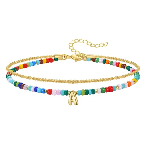 Bohemian Layered Colorful Beaded Anklet For Women Fashion Copper Letter Pendant Adjustable Beach Ankle Bracelet Jewelry