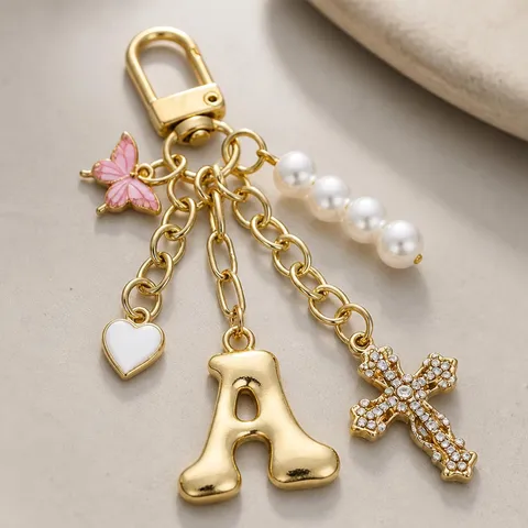 Dolce Portachiavi Lettera Iniziale in Lega Con Strass da Donna Colore Oro Metallo Croce Cuore Farfalla Perla Artificiale Ciondolo Borsa