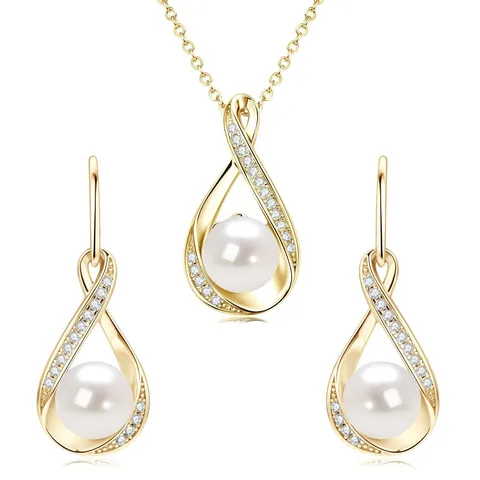 Eleganter Kupfer 14k Vergoldet Künstliche Perle Wassertropfen Schmuckset Strass Anhänger Halskette Ohrringe Für Braut Brautjungfer Hochzeit Party Damen Schmuck