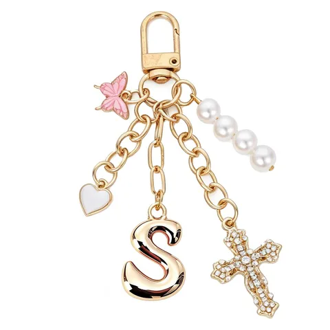 Dolce Portachiavi Lettera Iniziale in Lega Con Strass da Donna Colore Oro Metallo Croce Cuore Farfalla Perla Artificiale Ciondolo Borsa