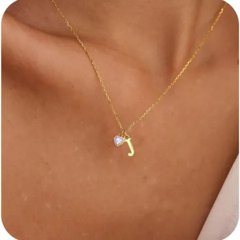 Collana in Acciaio Inossidabile con Cuore e Pietra Portafortuna Placcata in Oro con Pendente a Cuore e Iniziale in Strass per Donna