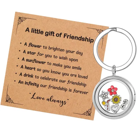 Edelstahl Floating Locket Schlüsselanhänger Mit Freundschaftskarte Runder Fotorahmen Box Anhänger Mit Bunten Charms Geschenk Für Beste Freunde