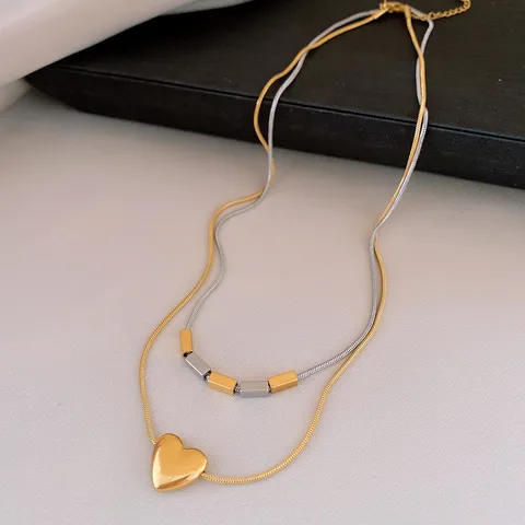 Minimaliste Acier Inoxydable Double Couche Géométrique Pendentif Collier Luxueux Haute Qualité Cœur Étoile Chaîne Serpent Choker pour Commute Femme Bijoux Mode