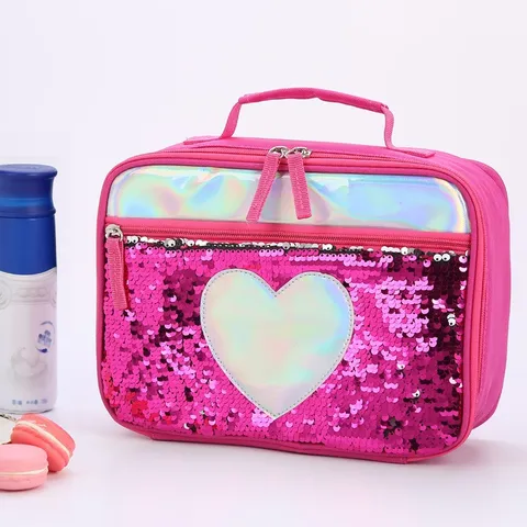 Borsa Termica per il Pranzo con Paillettes Reversibili per Bambini Studenti Motivo Cuore Stella Olografico Borsa Frigo Portatile per Picnic e Pasti