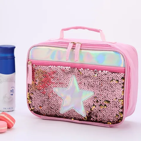 Borsa Termica per il Pranzo con Paillettes Reversibili per Bambini Studenti Motivo Cuore Stella Olografico Borsa Frigo Portatile per Picnic e Pasti